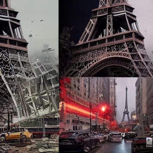 Prompt: A beautiful intricate 8K award-winning cinematic movie photograph of the future Eiffel Tower, destroyed and decaying, hidden by billboards. in the year 2043, by Bruno Delbonnel and greg rutkowski. Arri Alexa 65, IMAX 70mm footage