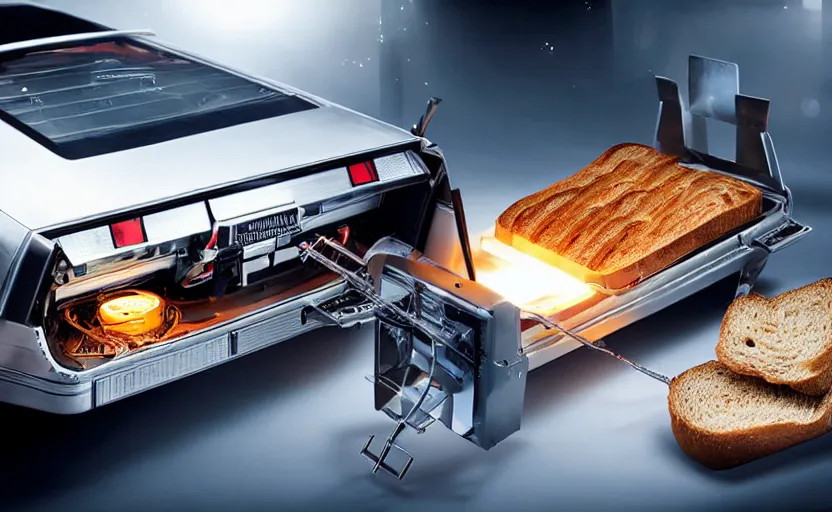 Image similar to a time-traveling delorean styled toaster with toast, bread inserted into slot, glowing heating coils, stainless steel, professional product shot, magazine ad