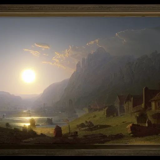 Prompt: dark solar eclipse, above a village, highly detailed, studio 4 k quality, by alexandre calame