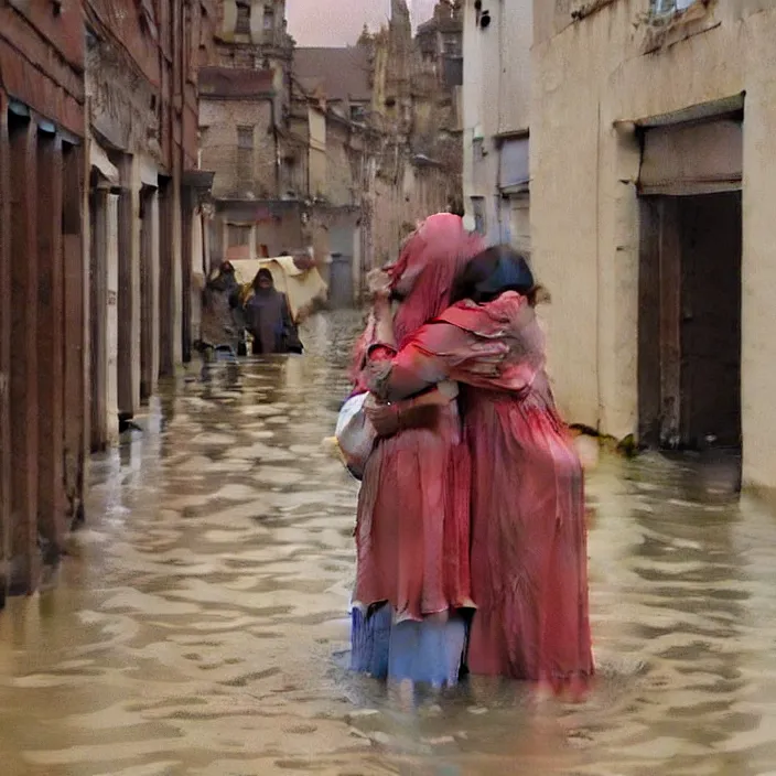 Image similar to two women hugging with a paper bag over the head, dressed in plastic bags, on flooded street of magnificent cathedral, highly detailed, artstation, art by , edward hopper, zdislav beksinski, wayne barlowe