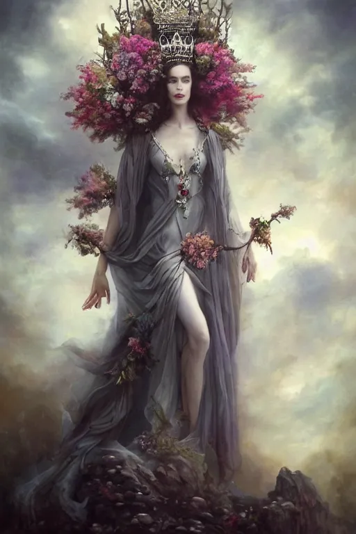 Prompt: fine art photo of the beauty goddess catriona balfe, she is wearing a mystical long gown she has a crown of stunning flowers and gemstones, background full of stormy clouds, by peter mohrbacher