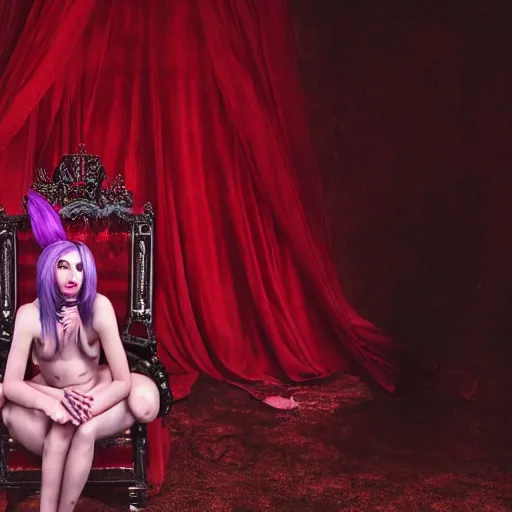 Prompt: A 4k photo skinny woman with purple hair wearing a crown, sitting in a red throne in a dark room.