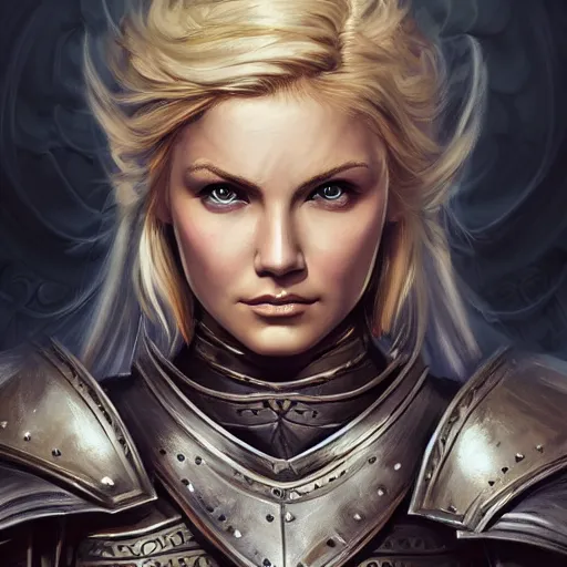 Prompt: head-on centered symmetrical painted portrait, Elisha Cuthbert as a paladin, blonde hair, old plate armour, dramatic lighting, intricate, fantasy, intricate, elegant, highly detailed, digital painting, smooth, sharp focus, illustration, dramatic lighting, artstation, in the style of Artgerm and Anna Podedworna