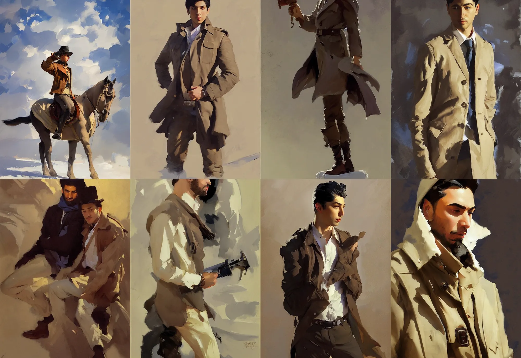 Prompt: portrait of russian iranian asian african model men jodhpurs winter traveler greg manchess painting by sargent and leyendecker, studio ghibli, fantasy, medium shot, asymmetrical, intricate, elegant, matte painting, illustration, hearthstone, by greg rutkowski, by greg tocchini, by james gilleard, by joe fenton