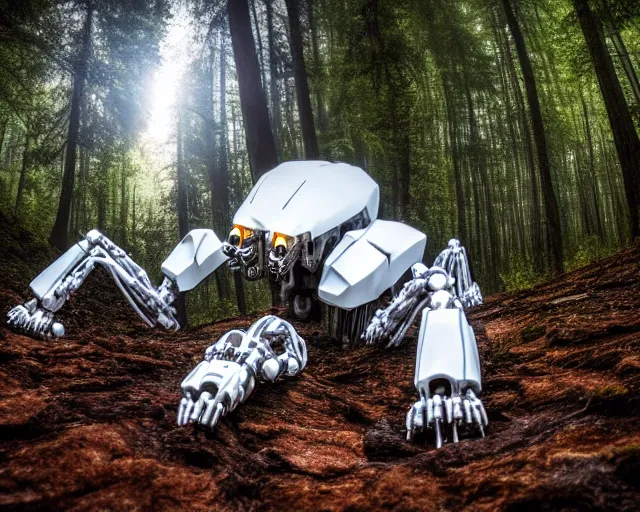 Image similar to photo of a giant huge white crystal terminator spider with heavy duty biomechanical hydraulic cybernetic body with antennas and visor cogs and gears and components in the forest. cyberpunk horror style. highly detailed 8 k. intricate. nikon d 8 5 0 5 5 mm. award winning photography.