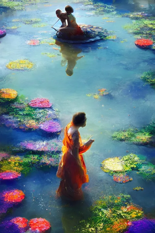 Image similar to nenufar in a pond, colorful, blue backgroung,clean, joyful, intricate, elegant, volumetric lighting, scenery, digital painting, highly detailed, artstation, sharp focus, illustration, concept art, ruan jia, steve mccurry