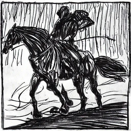 Prompt: a headless horseman riding through the night, old time sketch, ink,