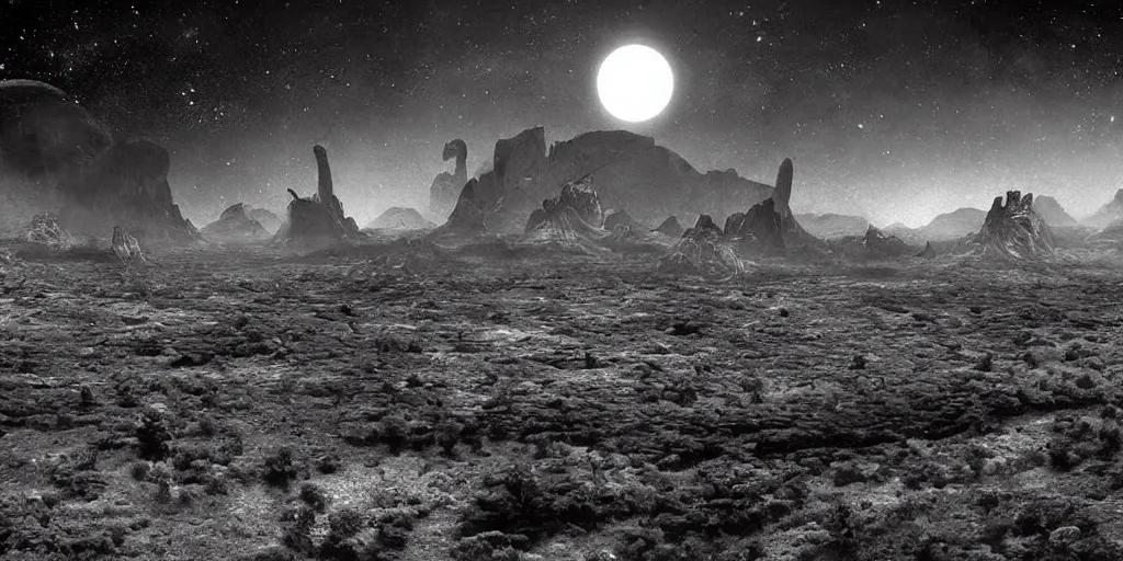 Prompt: an alien world landscape, black and white old photograph