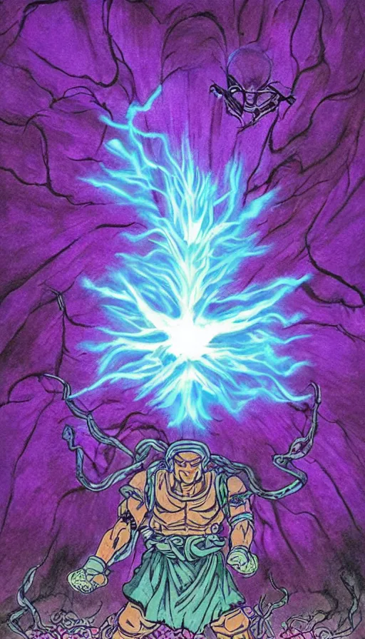 Image similar to a future scifi ancient god on the middle of a purple forest holding a portal that's about to explode, illustration, art by Akira Toriyama