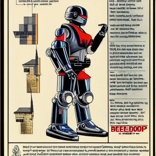 Prompt: side view of robocop, diagram, but robocop is an english beefeater
