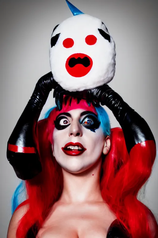 Image similar to scared lady gaga in harley quinn costume attacked by stuffed toy, luxury materials, symmetrical, cinematic, elegant, professional studio light, real dlsr photography, sharp focus, 4 k, ultra hd, sense of awe, high fashion