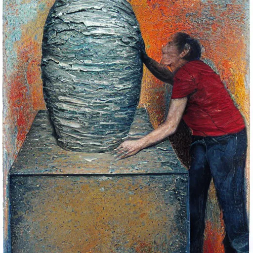 Image similar to a detailed, impasto painting by shaun tan and louise bourgeois of an abstract forgotten sculpture by ivan seal and the caretaker, shattered