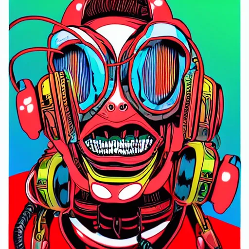 Image similar to artgerm, psychedelic laughing cybertronic robot, rocking out, headphones dj rave, digital artwork, r. crumb, svg vector