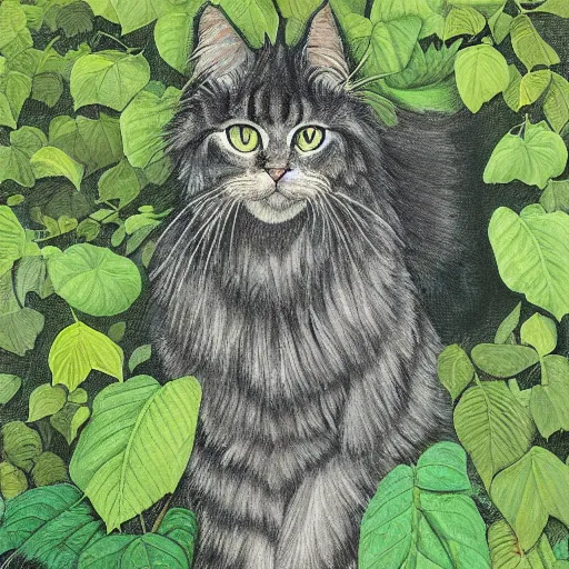 Image similar to a reneissance painting of a maincoon cat among big green leaves, wearing a batman cowl, very detailed, in the style of mantegna