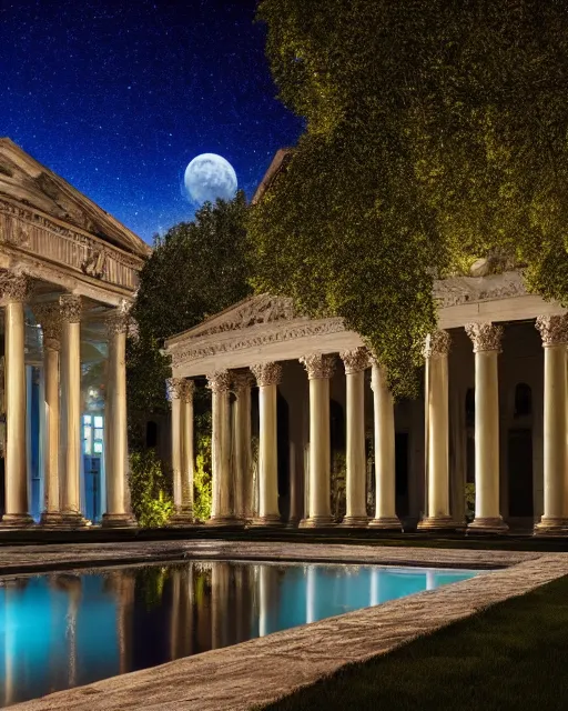 Image similar to photo of beautiful rococo courtyard under moonlight, large glowing moon, pool with rippling reflections, weeping willows and flowers, hellenistic sculptures and grand roman columns, romantic, archdaily,