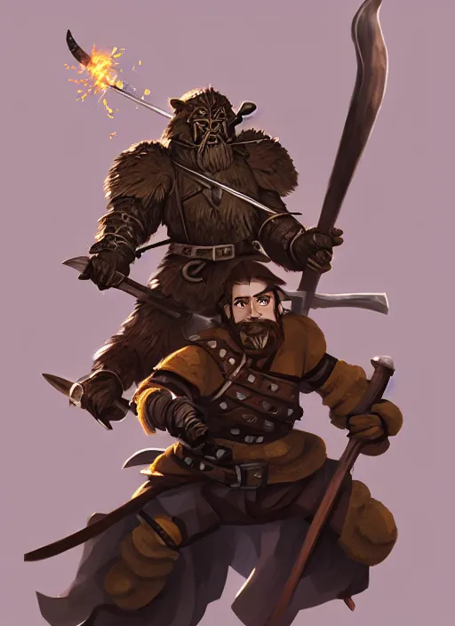 Prompt: strong young man, bugbear ranger, black beard, dungeons and dragons, pathfinder, roleplaying game art, hunters gear, flaming sword, jeweled ornate leather armour, concept art, character design on white background, by studio ghibli, makoto shinkai, kim jung giu, poster art, game art, rendered