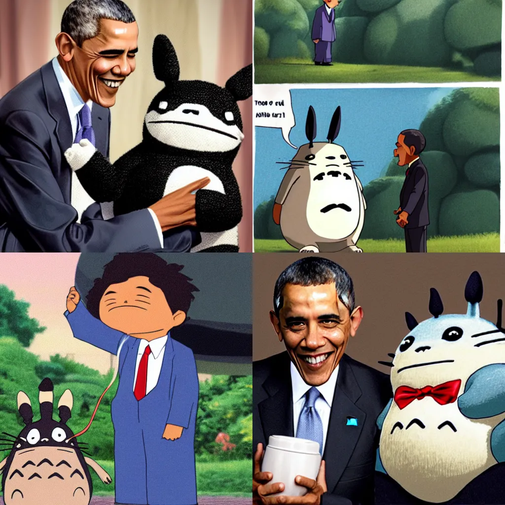 Prompt: barack obama and totoro from my neighbor totoro meet for the first time