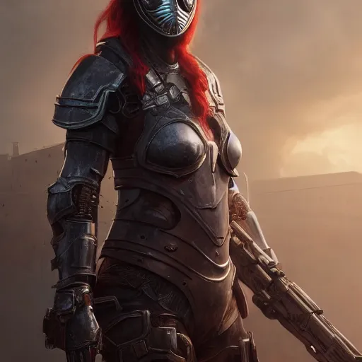 Prompt: a portrait of an red haired woman wearing metal scrap armor with a mask and holding an assault rifle, Matte painting , detailed painting, made by Greg Rutkowski, 4k, atmospheric