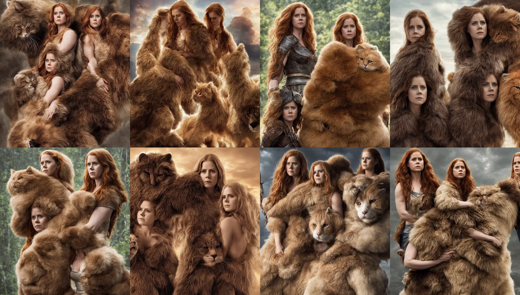 Prompt: amy adams as an amazon warrior leaning against her giant fluffy cat beast, highly detailed, magali villeneuve