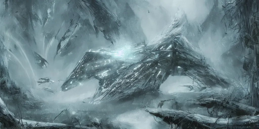 Image similar to future forest attacked by spaceship, star trek, concept art, ice mist, glory war,