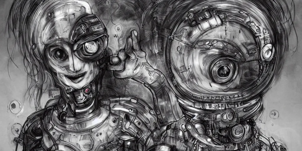 Prompt: A Cybernetic Lifeform Face, Super Happy expression, Charcoal Art, Photography, Fisheye Lens, Unicorn Color Scheme by Yoshitaka Amano