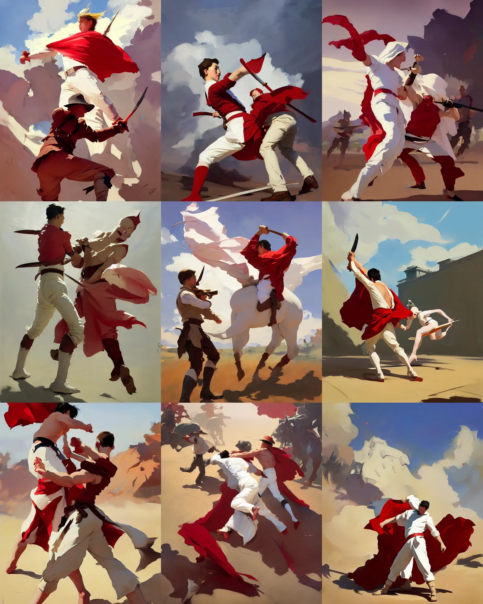 Prompt: white red cloth fabric jodhpurs greg manchess fighting scene painting by sargent and leyendecker, studio ghibli, fantasy, medium shot, asymmetrical, intricate, elegant, matte painting, illustration, hearthstone, by rhads by greg rutkowski, by greg tocchini, by james gilleard, by joe fenton