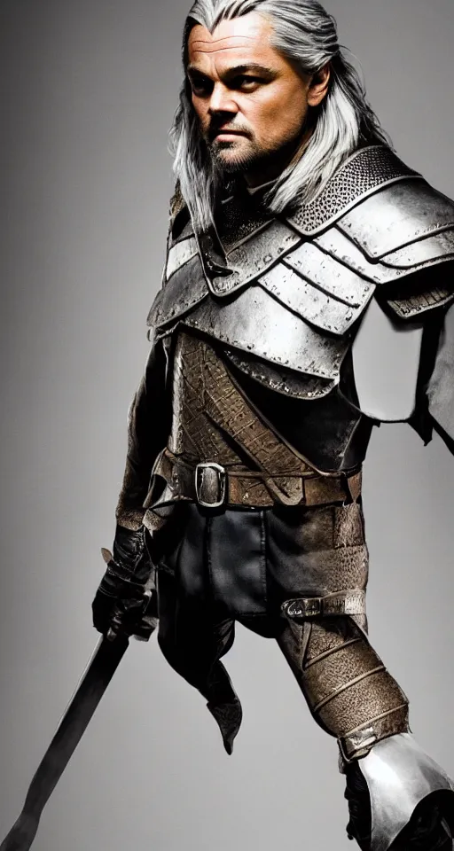 Image similar to Leonardo Dicaprio wearing Geralt of Rivia\'s armor, promo shoot, studio lighting