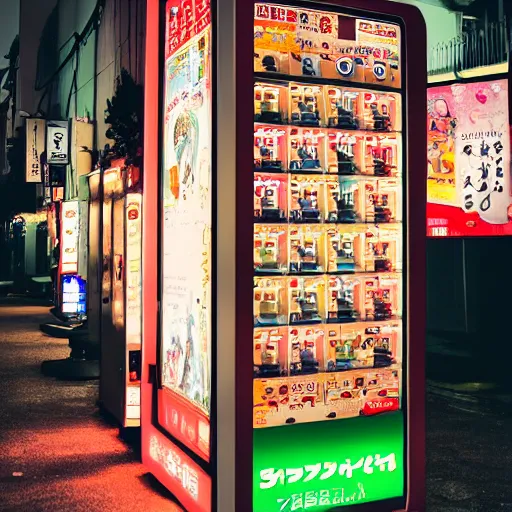 Prompt: a beautiful picture of japanese vending machines in a little tokyo street by night, trending on artstation