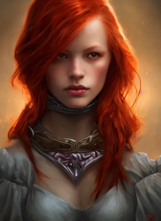 Image similar to Beautiful redhead girl which chest wrapped in bandages, portrait, fantasy, medieval, vivid colors, fantasy, elegant, concept art, sharp focus, beautiful face, digital art, Hyper-realistic, 4K, Unreal Engine, Highly Detailed, HD, Dramatic Lighting by Brom, trending on Artstation