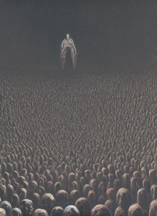 Image similar to a large amount of cultist followers gathered in front of a cult leader's stage, view from stage, in the style of beksinski