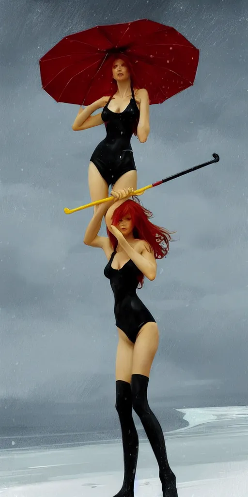 Image similar to A very tall, slender red-haired woman wearing black bikini and holding a yellow umbrella on ice, sharp focus, intricate, elegant, digital painting, artstation, matte, highly detailed, concept art, illustration, ambient lighting, art by artgerm, Alphonse mucha, and Greg Rutkowski