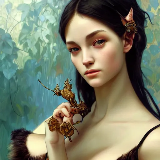 Prompt: a oil painting of a catgirl, cute, fantasy, intricate, elegant, highly detailed, centered, digital painting, artstation, concept art, smooth, sharp focus, illustration, art by artgerm and H R Giger and alphonse mucha