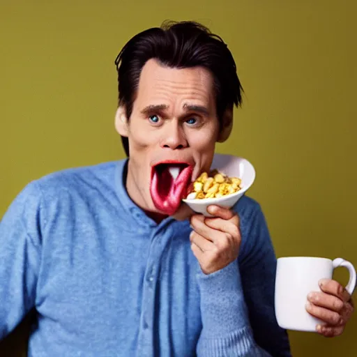 Prompt: a cinematic shot of Jim Carrey eating from a bowl of cereal, film grain, 8k