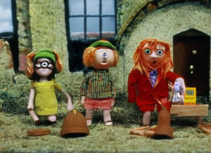 Prompt: a scene from a 1 9 7 0 s british kids tv programme by the bbc and oliver postgate, stop motion animation, postman pat, vhs distortion, folk horror, hauntology