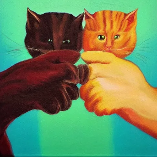 Image similar to a painting of two cats fist bumping each other, there is an explosion behind them