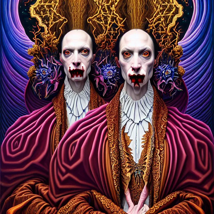 Image similar to beautiful oil painting, full length portrait of vampire dauphinois in baroque coronation robes 1701, Dan Mumford, Dan Mumford, Alex grey, hyacinthe rigaurd, highly detailed , lsd visuals, dmt fractal patterns, visionary art, psychedelic art, ornate, vaporwave, baroque, Greg rutkowski