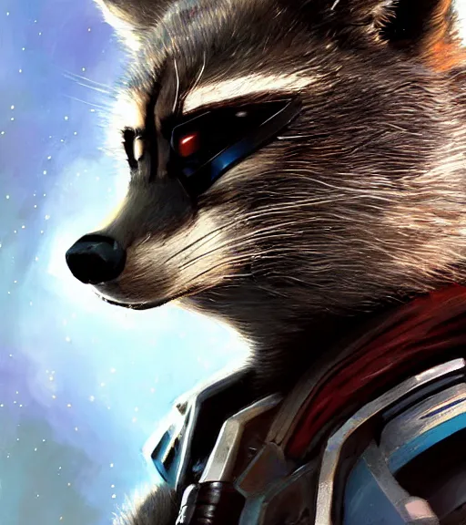 Prompt: a closeup portrait of Rocket Raccoon by Craig Mullins; extraordinary-masterpiece; realistic-lighting; 90mm; f/1.4