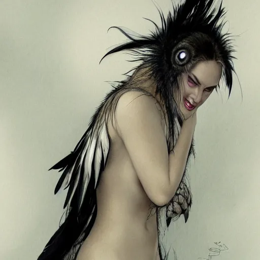 Prompt: jennifer connelly as alien bird - woman, gray skin, wearing black hooded cloak, huge wings, black feathers instead of hair, black feathers growing out of skin, bumpy skin, screaming, losing control, black feathers growing out of face, black hands with black claws, comic book, giger, mucha, trending on artstation