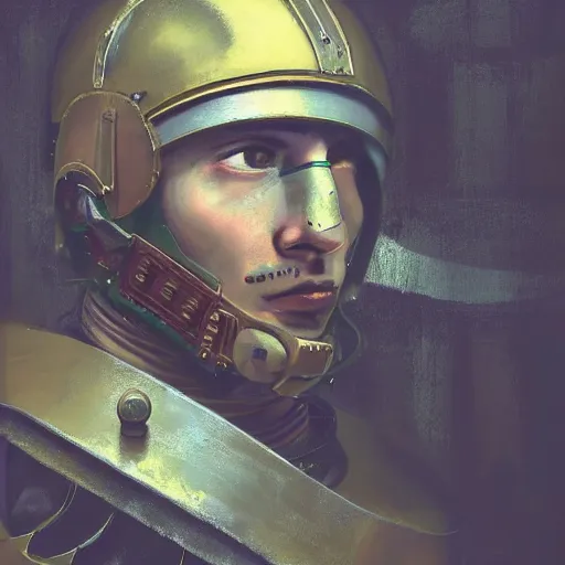 Image similar to portrait of a roman soldier wearing armor, cyberpunk rifle at his side, cinematic, painting