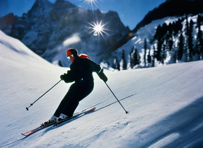 Image similar to a 2 8 mm macro kodachrome photo of one man skiing in the swiss alps in the 1 9 5 0's, bokeh, canon 5 0 mm, cinematic lighting, film, photography, golden hour, depth of field, award - winning