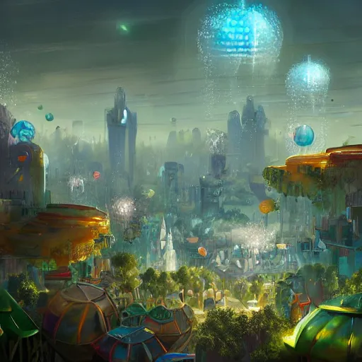 Image similar to a utopian city, filled with fauna, with bubbles floating around everywhere, dynamic lighting, fantasy concept art, trending on art station, stunning visuals, creative, cinematic, ultra detailed