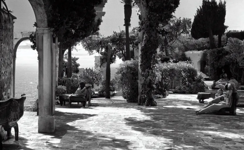 Prompt: still from l'estate, a movie by luchino visconti ( 1 9 7 4 ) set in capri. dramatic light, cinematic composition, flamboyant