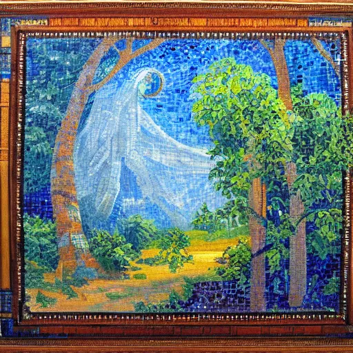 Prompt: church painting of the god of nature, the blue panther, impressionistic mosaic