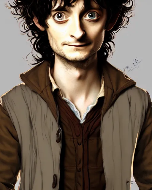 Image similar to portrait Anime joyful Elijah Wood as Hobbit Frodo Baggins; velvet brown jacket, backpack, Shire background || cute-fine-face, pretty face, realistic shaded Perfect face, fine details. Anime. realistic shaded lighting by Kim Jung Gi, brom, Pixiv, by Ross Tran, Greg Rutkowski, Mark Arian