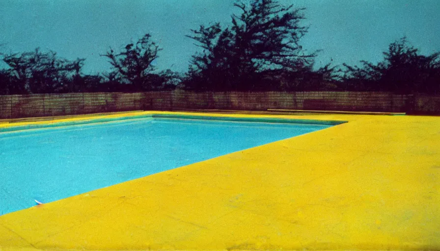 Prompt: 1 9 6 0 s movie still of empty yellow tiles swimmingpool, low quality, liminal space style