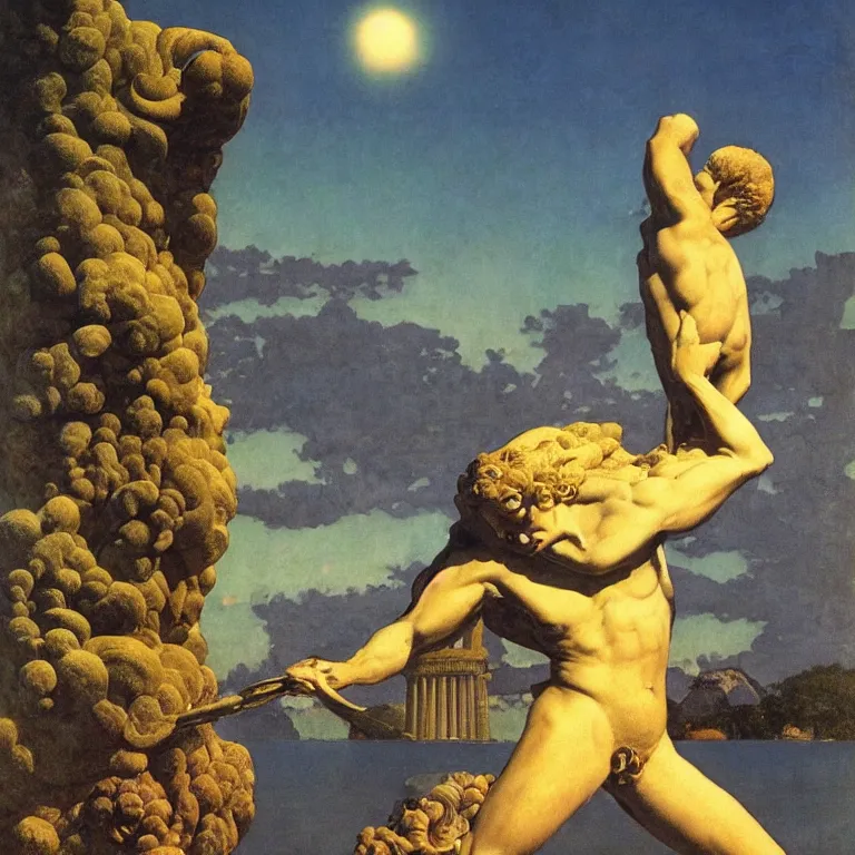 Prompt: A Monumental Public Sculpture of a 'Triumphant Hercules made of Sea Anemone' on a pedestal by the lake, surreal oil painting by Maxfield Parrish and Max Ernst shocking detail hyperrealistic!! Cinematic lighting