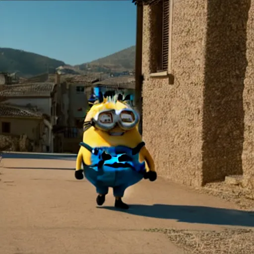 Prompt: super cute minion walking on a sunny Andalusian village, movie still, 4k