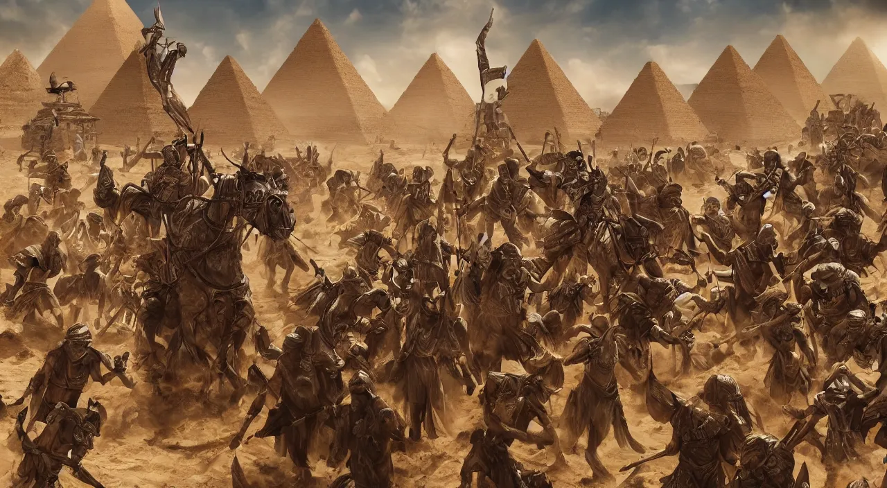 Prompt: the emperor of egypt commanding his sand soldiers to fight for him, large scale, breathtaking, mixed media, digital art, trending on artstation, 8k, epic composition, highly detailed, AAA graphics