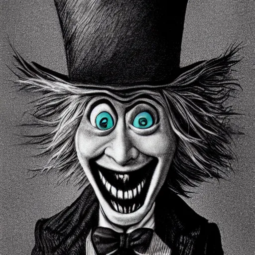 Image similar to horrifying charcoal drawing of the mad-hatter-willie-wonka-babadook