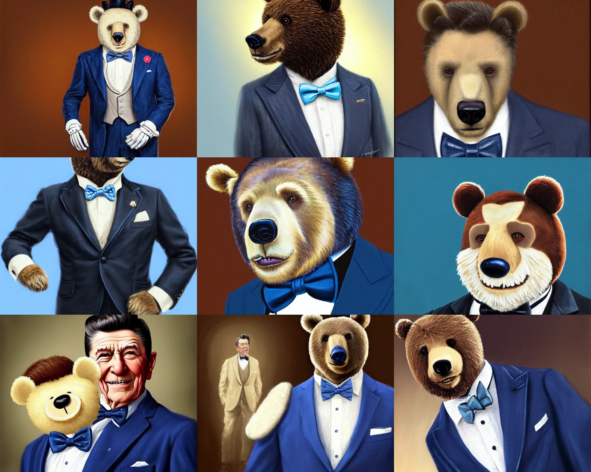 Prompt: edward's bear - headed assistant is wearing a jacket with a white bowtie. ted shawn's bear has been dressed like walt disney's butler. ronald reagan was a man of classical realism., intricate, elegant, highly detailed, digital painting, blue light, artstation, concept art, smooth, sharp focus, illustration, art by artgerm and greg rutkowski